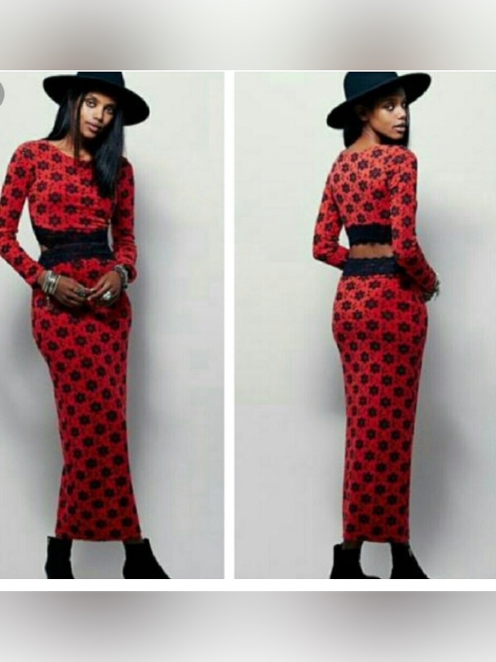 Free People X Greta Floral Maxi Dress Red Black Cutout Size Medium Whimsigoth